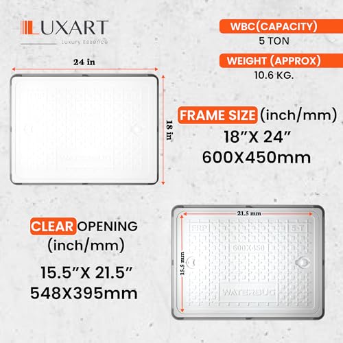Image of LUXART 18x24 Inch Rectangular FRP Manhole Cover |5 Ton Heavy Weight Handling Capacity Chamber Lid | Weatherproof and Heat Resistant Cover for Water Tanks, Sumps, and Drainage Systems