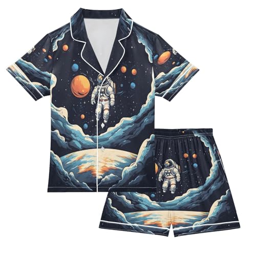 ALAZA Space Astronaut Funny Satin Pajamas Set Short Sleeve Button Down Sleepwear Summer Pjs 2 Piece