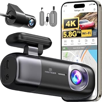 REDTIGER F9 & OBD Hardwire Kit, Dash Cam 4K Front and Rear 1080P, 5.8GHz WiFi GPS Car Camera with APP Control, Dual Dash Camera for Cars, Loop RecordingSD Card Not Included