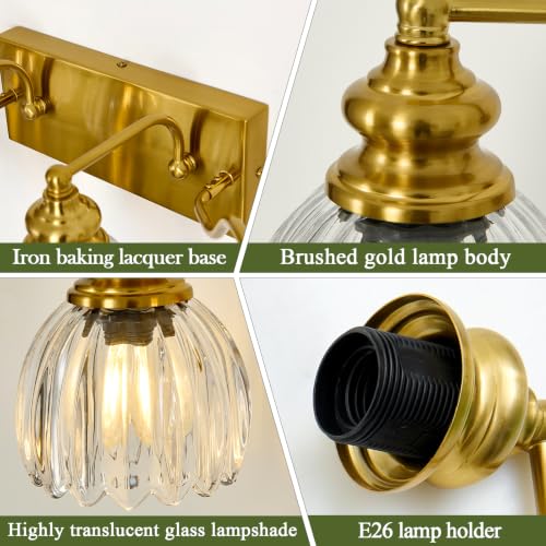 Image of Piepooye Vintage Bathroom Lights Fixtures 4 Lights Gold Vanity Light with Glass LampShade E26 Bulb Indoor Vanity Light Over Mirror for Bedroom Living Room Farmhouse Kitchen