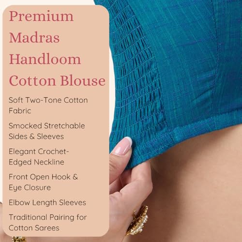 Image of Studio Shringaar Women's Handloom Cotton Side Stretchable (Smocked) Readymade Saree Blouse with Crochet Neckline