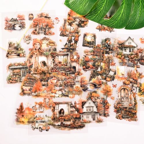Image of Jaravik Seasons Theme Vintage Aesthetic Sticker Book - 20 Sheets Seasonal Scrapbook Stickers | | Cottagecore Planner & DIY Craft Supplies Scrapbooking Stickers (Autumn)