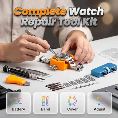 Image of Watch Repair Kit, Watch Link Removal Kit, Watch Battery Replacement Tool Kit, Watch Case Opener, Holder, Spring Bar, Tweezer, Screwdriver, Watch Tool Kit for Watch Back Removal and Band Replacement