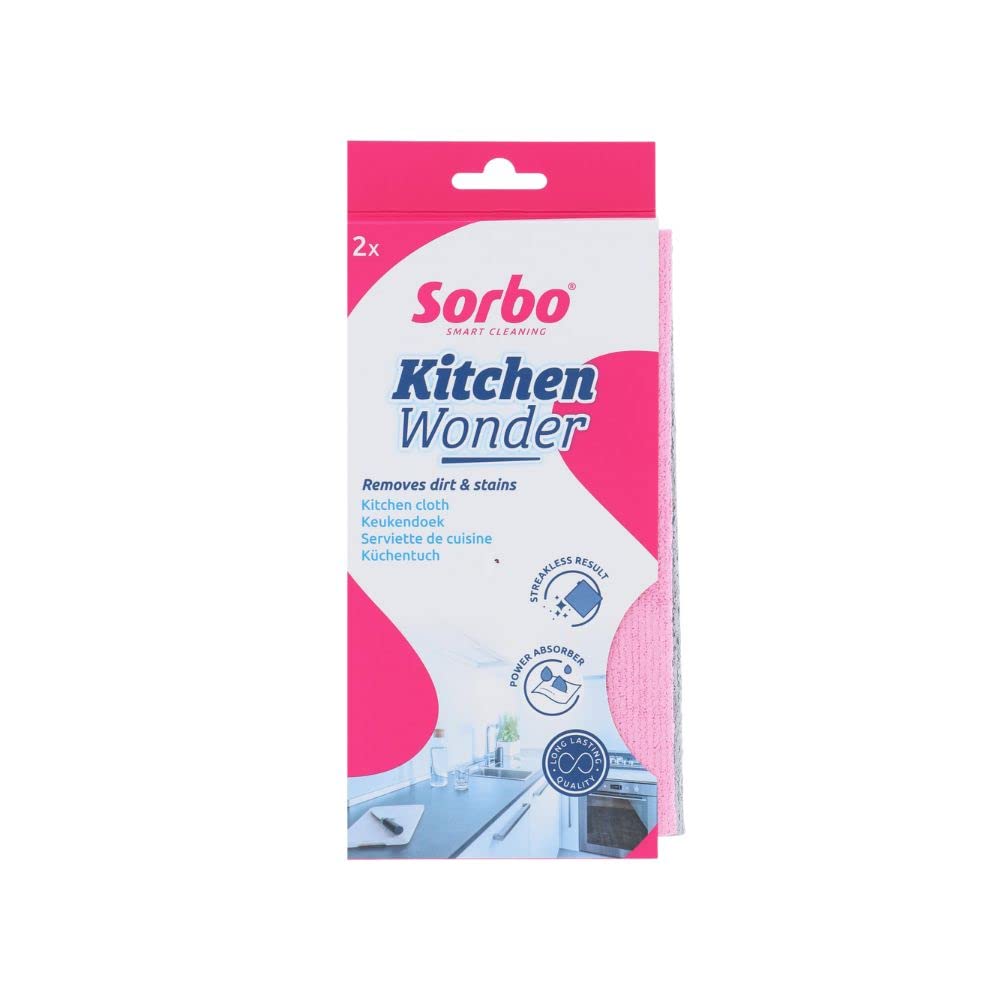 Sorbo Kitchen Wonder, 2 Pack, Kitchen Cloth, Streakless Result, Dishwasher Safe, Household Essential, Pink/Grey, Each cloth measures 32 x 38 cm