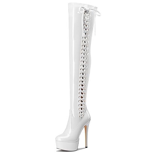 Aachcol Womens Over The Knee Platform Stiletto Lace-up Boots Patent Leather Thigh High Zipper High Heel Party Dress Boots 5.9 Inches Heels - 7.5 - White