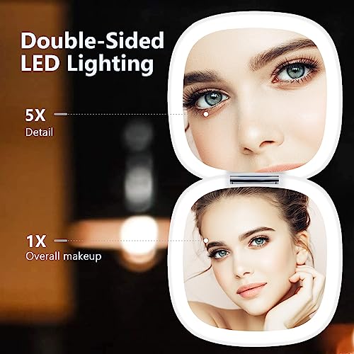 Vamillkra Compact Mirror With Light, 1X/5X Magnifying Mirror, Rechargeable Led Travel Makeup Mirror, 3 Colors Dimmable Touch Screen Lighted Portable Pocket Mirror For Handbag (Rose Gold) #TOP1