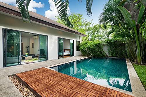 Interlocking Deck Tile (Pack Of 10, 12"X12") Acacia Hardwood Deck Tile, Interlocking Patio Tile In Solid Acacia Wooden Oiled Finish Waterproof All Weather Perfect For Indoor Outdoor(Golden Teak Color) #TOP7