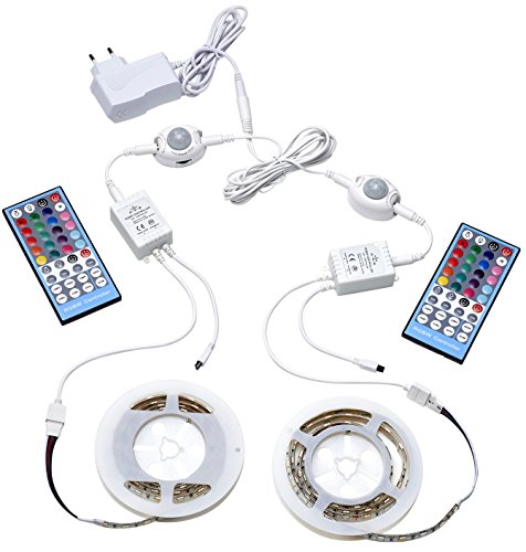 Preisvergleich Produktbild LED Beleuchtungsset RGB + WEISS mit Bewegungsmelder Unterbauleuchte Schrankbeleuchtung Bettbeleuchtung und Fernbedienung Dimmbar mit Lichteffekten
