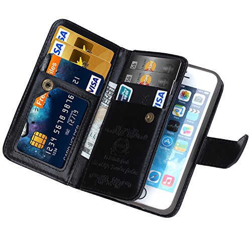 iPhone 5 case, iPhone 5s Wallet case, BRG [Wristlet] [6 Card Holder] [Magnetic Detachable] PU Leather Folio Flip Credit Card Slots Cash Holder Wrist Strap Case for Apple iPhone 5 5s, (Black)