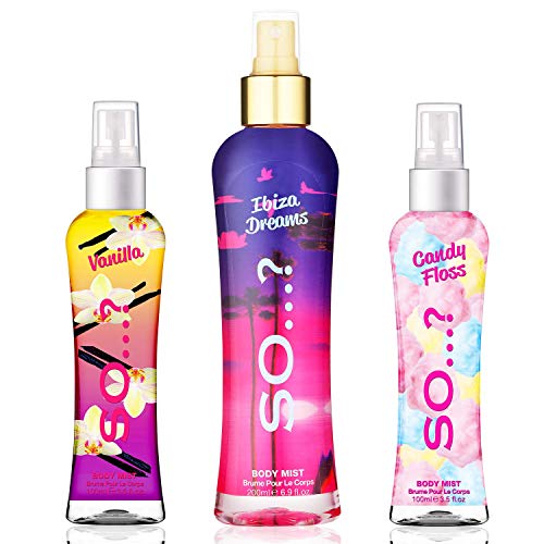 Spray corporal So...? Body Mist para mujer, Candy Floss & Vanilla (100 ml) y Ibiza Dreams (200 ml), 3 unidades