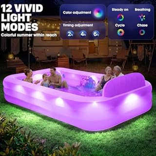 AixPool Extra Large Inflatable Pool With Lights,Upgraded Solar Powered Blow Up Pool For Adults,Inflatable Kids Swimming Pool with Seat& Backrest,Big Inflatable Kids Pool For Backyard,120x73x20IN-White