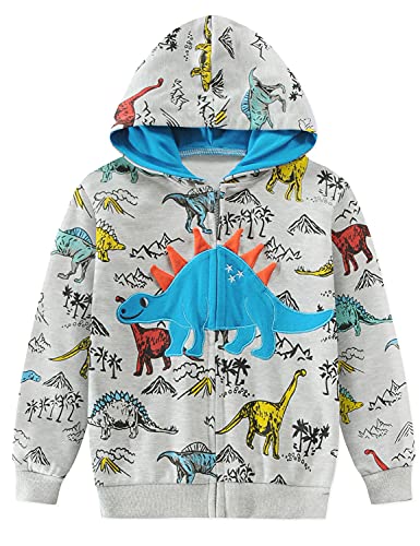 Little Hand Kids Boys Zip-up Dinosaur Hoodies Dino Active Sweatshirt Grey Lightweight Jackets 5-6 Years