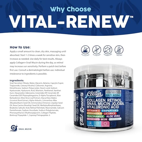 Clean Collagen Retinol For Face Moisturizer Cream | Snail Mucin Hyaluronic Acid Jojoba Vitamin C Ceramides Licorice Niacinamide Aloe Vera Rosehips MSM Arginine Glowing Skin Facial Lotion - Image 5