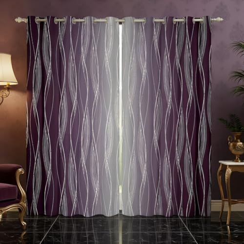 Homewish Purple Grey Curtains & Drapes 66" Wx90 L Geometric Ombre Window Curtains Aesthetics Silver Wavy Striped Blackout Curtains Abstract Gradient Window Treatments 2 Panels Room Decor