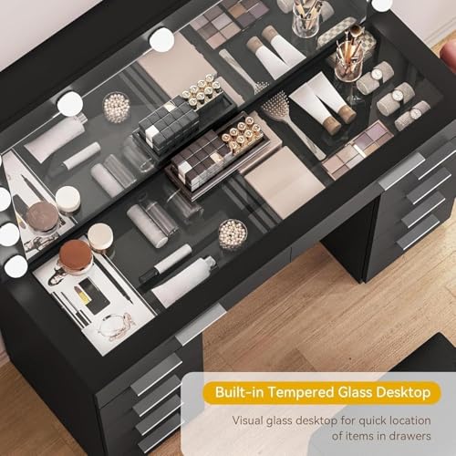 Image of DWVO 10 Drawer Large Makeup Vanity Table with Glass Top, LED Mirror, Charging Station & Cushioned Storage Stool, 46-Inch Dressing Desk Set with 3 Lighting Modes Brightness Adjustable, Dark Black