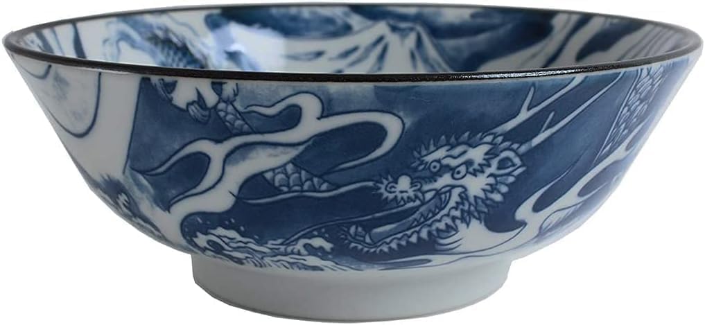 Japanese Mino Ware Dragon and Mt. Fuji Pattern 8.07 Inches Diameter Ceramic Ramen Soup Noodle or Serving Bowl (Blue)