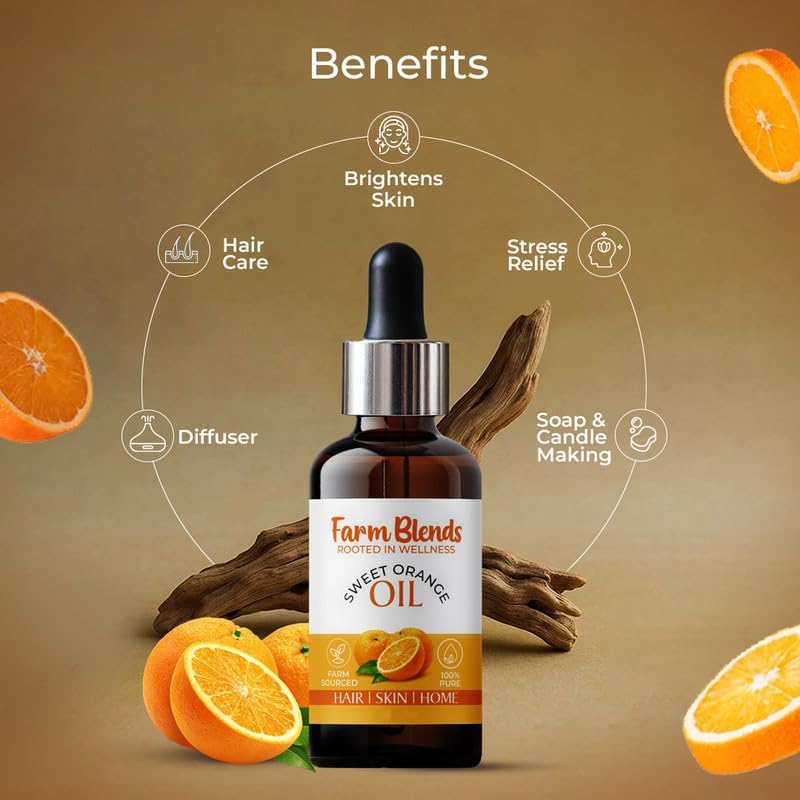 Image of Farm Blends Sweet Orange Essential Oil 100% Undiluted Pure | Reduces Sun Tan, Nourishes Hair & Skin, Boosts Energy | Farm To Home | Natural | Citrus sinensis|30ML + 30ML (Pack of 2)