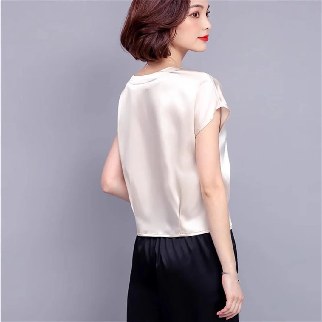 Damen Seide Kurzarm Blusen Casual O-Ausschnitt Shirts Solide Lose Tops Frühling und Sommer Kleidung Seidenbluse