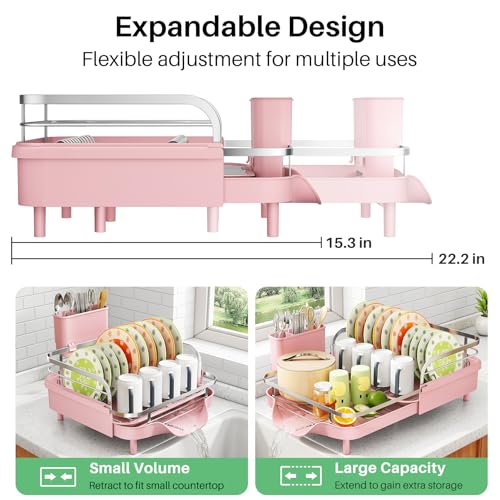 Image of SAYZH Dish Drying Rack - Expandable Dish Rack for Kitchen Counter, Rust-Resistant Dish Drainer with Utensil Holder and Raised Guardrail, Kitchen Organizer for Cup and Bottle (Pink)