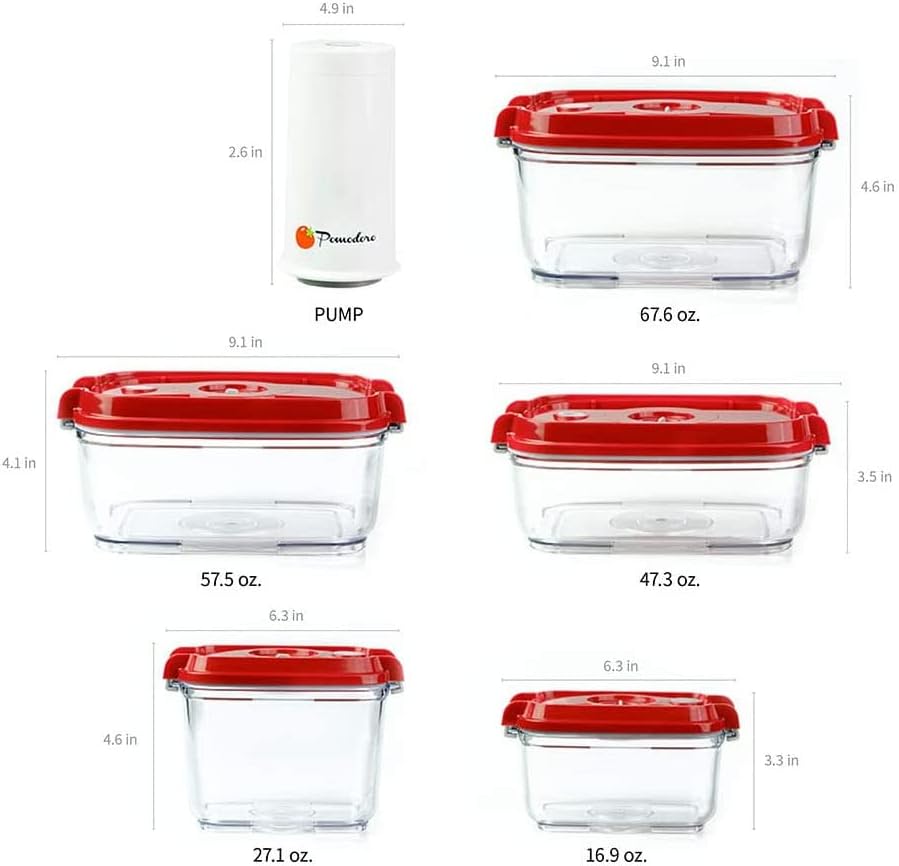 Super Deal Product Pomodoro Food Storage Vacuum Seal Containers with Automatic Vacuum Sealer Pump - Preserve Food Longer, Stackable, Airtight, Great for Marinating Meat & Food (5-Piece + Pump)