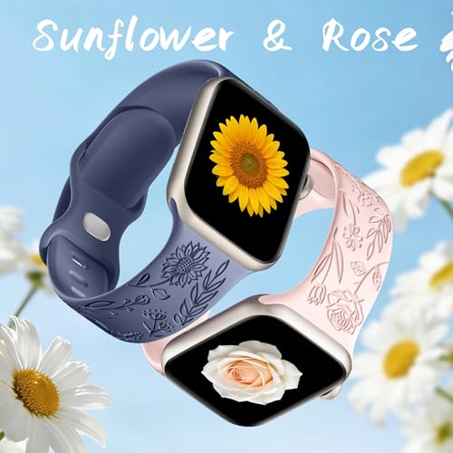 Image of SNBLK 6 Pack Floral Engraved Bands Compatible with Apple Watch Bands 40mm 41mm 42mm 38mm 44mm 45mm 46mm 49mm Women Men, Silicone Flower Pattern Strap for iWatch Series 11 10 Se Ultra 9 8 7 6 5 4 3 2 1