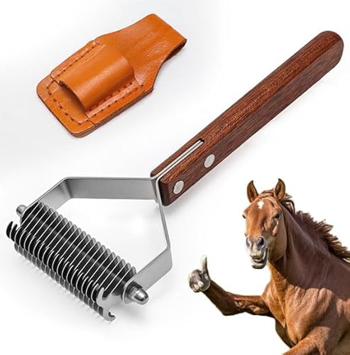 2-Sided Horse Comb Mane Deshedding Tool Goats Cow Brush for Grooming,Horse Brush Set with Leather Show Comb Holder,40 Stainless Blades and Wood Handle,Livestock,Pet