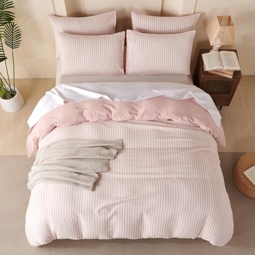 Image of Pink Striped Comforter Set Queen - 3 Pieces Bedding Comforter Set for All Season, Soft Lightweight Washed Microfiber, 1 Striped Comforter and 2 Pillowcases (Pink, Queen Size)