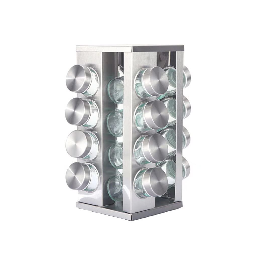 Especiero Cuadrado, 16 tarros de Especias, Estante de Especias Giratorio 360 °, Tarro de Especias con Tapa, 16 tarros de Especias de Vidrio de 88 ml (17 * 17 * 27,5 cm)