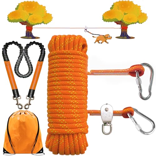 Dog Tie Out Cable for Camping, Dog Trolley System and 4ft Bungee Leash for Dogs Up to 400lbs, Suitable for Camping, Yard and Outdoor Events (Orange, 100Ft)