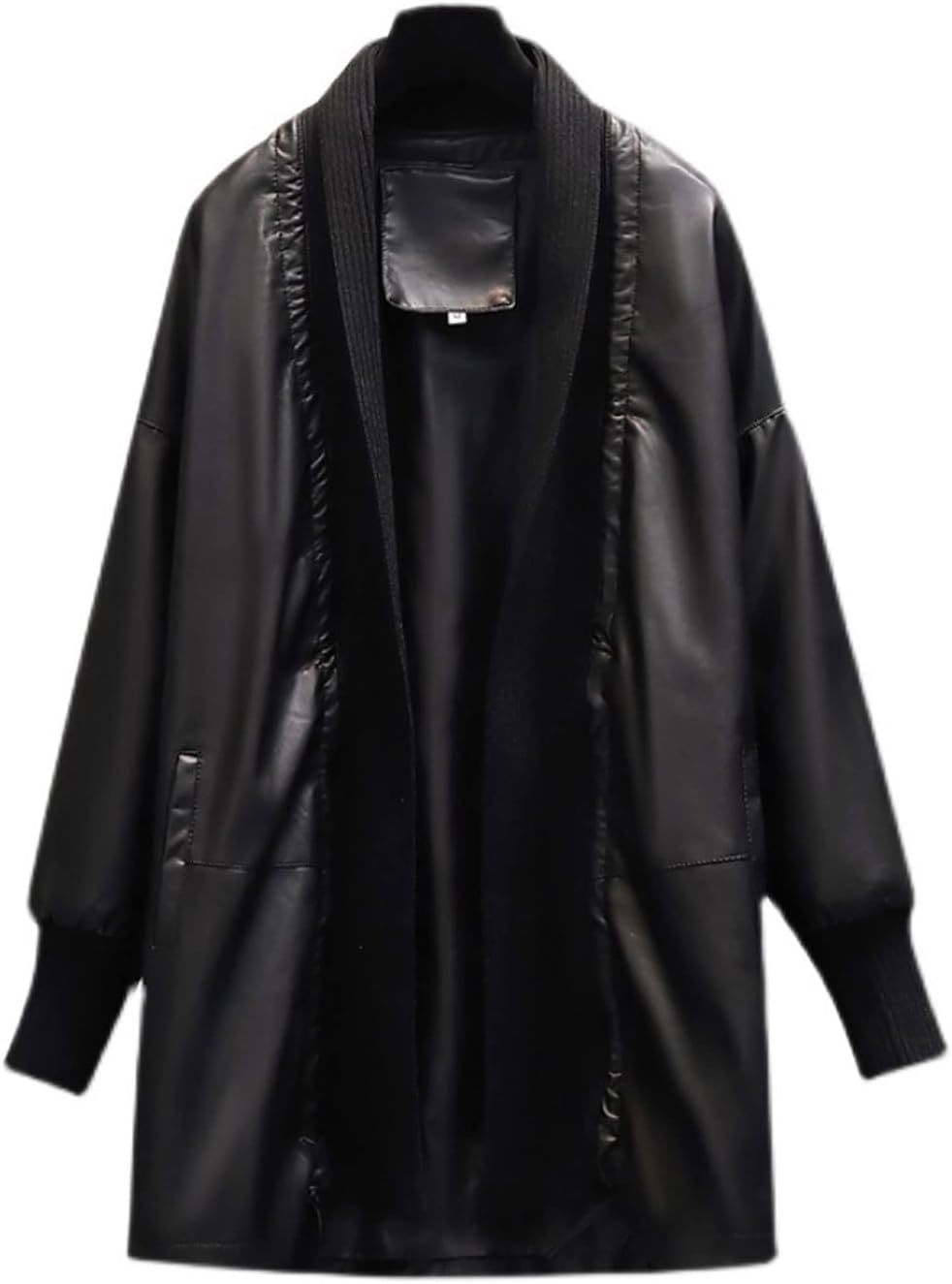 Long Trench Coat for Women Black PU Leather Jacket Women Knit Patchwork Plus Size Drawstring Pocket Autumn Fashion Coat Casual Loose Mid-length Female(US-Size XXXL)