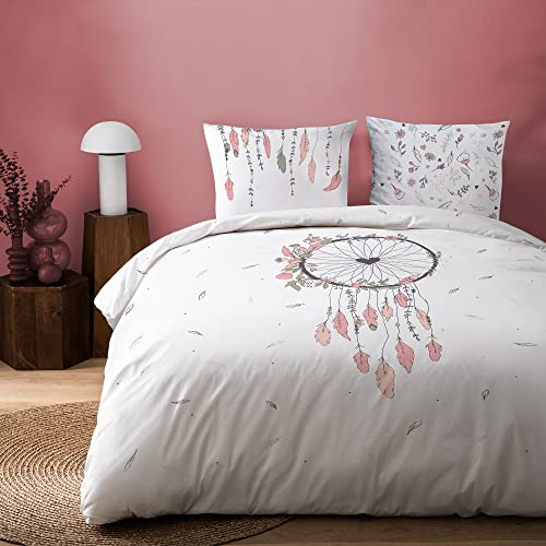 MATT & ROSE Parure de Lit Enfant 140x200 cm Attrape Coeur Imprimées Réversibles | 100% Coton | Oeko-TEX | Housse de Couette Fille 140x200 cm + 1 Taie d'oreiller 65x65 cm | Blanc Cover