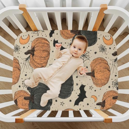 Image of Halloween Vintage Pumpkins Crib Sheets Soft Breathable Fitted Baby Crib Sheets Mattress Cover for Girls Boys, 52 inch x 28 inch x 9 inch