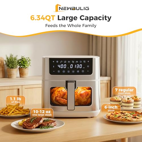 Image of NEWBULIG Air Fryer 6.34QT Airfryer with Visible Window 400℉ Fast Heating Stainless Steel Air Fryers Oven with Nonstick and Dishwasher-Safe Basket 8-in-1 Cooking Preset with Timer Auto-Off