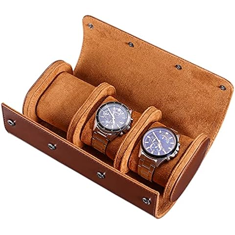 Hemobllo 3 Slots Uhrenbox Retro Pu Leder Uhrenrolle Reisetasche Elastische Uhr Veranstalter Halter Schmuck Aufbewahrungsbox Cover