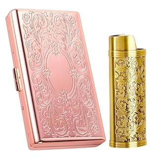 Vintage Metal Cigarette Case with J6 Lighter Metal Case, Holds 12pcs 100mm Cigarettes, Can Also Be Used for RFID Credit Card and Cash Organizer (Rose, 12pcs 100's)