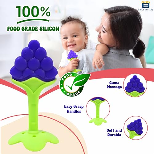 Image of Baby Tree and Fruits Shape Teether Teething | Natural Organic Freezer Safe for Newborn Infant, Babies | Silicone BPA Free | Gum Pain Relief 3D Soother Set (Pack of 1, Grapes)
