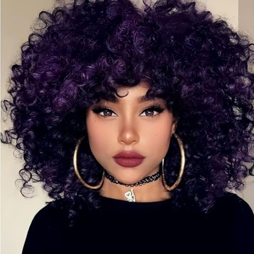 Salaibs Afro Purple Curly Wig for Black Women Short Kinky Mixed Black Fluffy Wig Synthetic Heat Resistant Hair for Halloween Daily Use