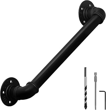 HouseAid 2FT Industrial Pipe Wall Handrail, Farmhouse Stairway Railing with 1-1/4 Inch Diameter Pipe, Vintage Style Stairs Handrail, Wall Mounted, Matte Black