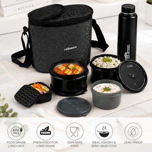 Image of CELLO Munch Mate Lunch Box with Bag for Office Use Black | 375ml x 2 Microwave Safe Containers, 300ml + 175ml Plastic Containers, 800ml Water Bottle with Fork & Spoon, Airtight Tiffin Box for Travel