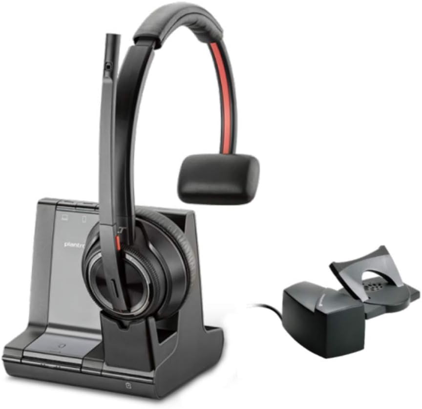 Plantronics Savi 8210 Office - Wireless DECT Single-Ear (Monaural) Headset - Connects to Deskphone, PC and Mac - Certified for Microsoft Teams, Zoom & More - Noise Canceling (Renewed)