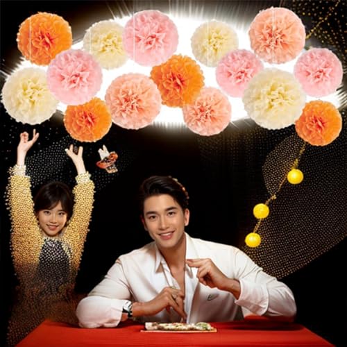 Image of XIKSXITN 12pcs Light Pink and Orange Paper Pom Poms Decorations for Party ,Ceiling Hanging Tissue Paper Flowers Decorations (10&12inch)