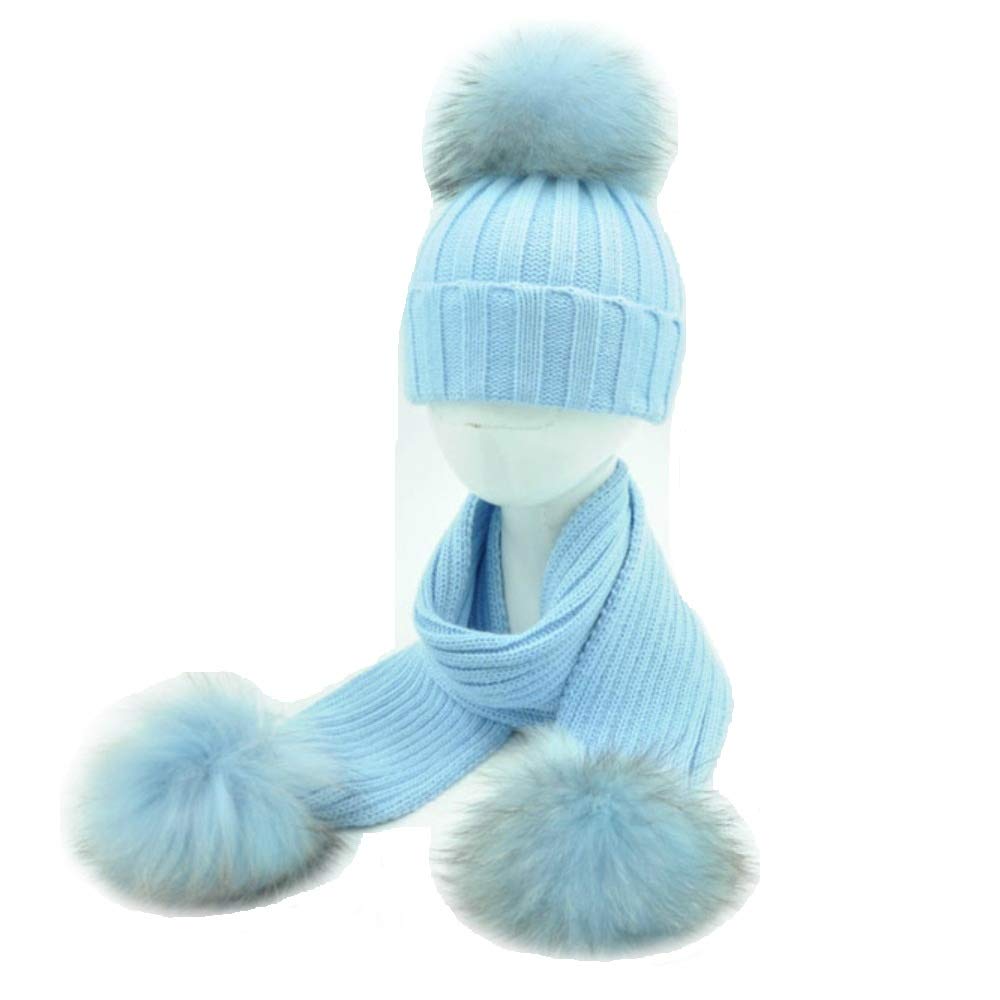 Set Cappello e Sciarpa Bambino PON PON Vera Pelliccia Celeste Azzurro 1-5 Anni Bimbo Cuffia Berretto Blue Baby Kids