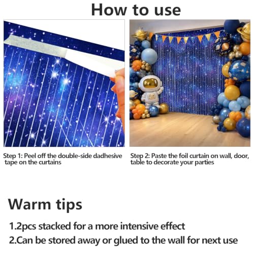 Image of 4 Packs Galaxy Foil Fringe Curtain, Blue Glitter Metallic Tinsel Backdrop for Birthday Baby Shower Outer Space Alien Party Decorations Supplies