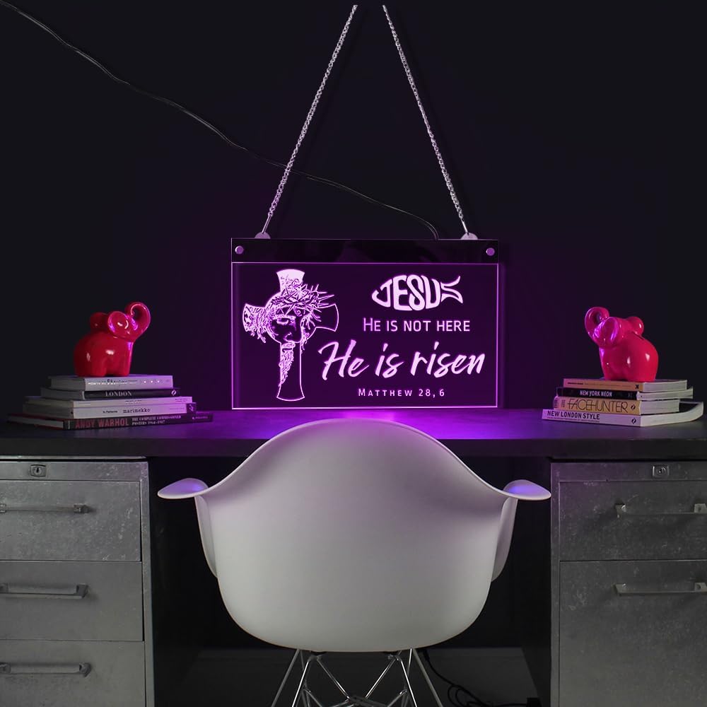 The Geeky Days Jesus Cross Christ Portrait He is Risen Religious Easter LED Hanging Sign with Color Changing Light Easter Quote Bible Lighting Neon Christian LED Sign (15.74 x12inches)