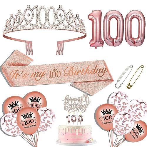 100th Birthday Sash and Tiara for Women, 100th Birthday Sash, 100th Birthday Crown, 100th Birthday Cake Topper, Balloons, Pin and Candle Set, Rose Gold