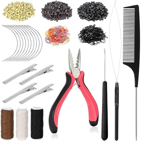 Hair Extension Tools Kit, 600 Silicone Lined Micro Rings, 1 Plier, 2 Hook Needle Pulling Loop, 10 Curved Hair Needle, 4 Metal Hair Clips, 1 Comb, 3 Sewing Threads, 200 Mini Rubber Bands Cover