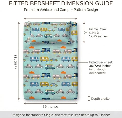 Image of VAS COLLECTIONS Single Bed Fitted Bedsheet 36x72+8 Inches with 1 Pillow Cover | 180 TC Microfiber Elastic Bed Sheet | Soft Breathable Cute Printed Design for Kids & Couples (Kid Bus Print)