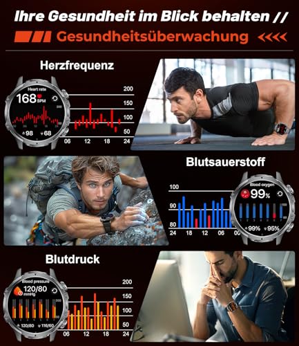 Smartwatch Herren Militär,800 mAh Akku/1,85'' HD-Display-Sportuhr mit Taschenlampe/100+ Sportmodi,IP68 Wasserdicht Fitnessuhr mit Herzfrequenz,SpO2,Schlafmonitor für Android iOS 2 Armbänders – Bild 5