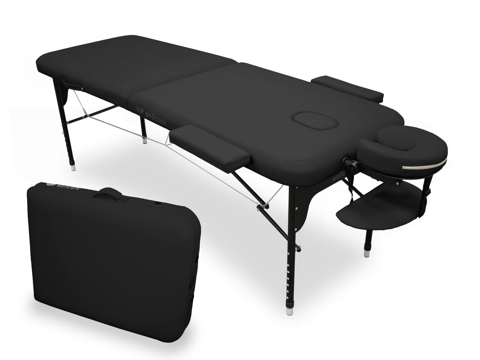 WELLCORE - Barella pieghevole in alluminio, 185 x 65 cm, ecopelle, altezza regolabile, testa snodata, foro facciale, bracci laterali, colore nero, zaino da trasporto, fino a 225 kg
