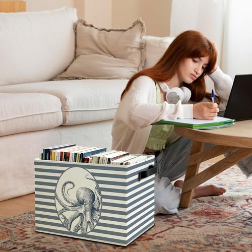 Image of Coastal Beach Octopus Storage Bins Box with Handles, Blue Striped Beachy Ocean Octopus Marine Biology Collapsible Basket Organizer for Bedroom Bathroom Books Clothes